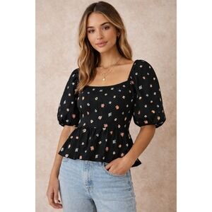 Versona Black Floral Embroidered Peplum Baby Doll Top Puff Sleeve Smocked Sz M